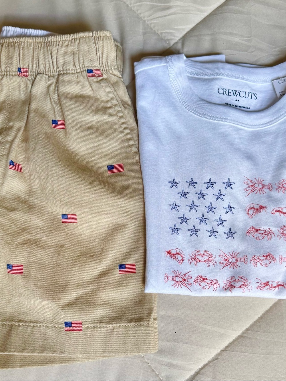 NEW Crewcuts Khaki Shorts with Red & Blue Flag Matching T Shirt Kids 6